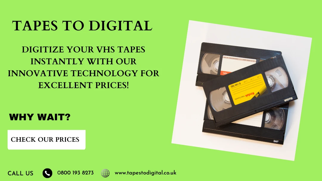 Alt text: Advertisement of a tape digitizing service with an image of three VHS tapes on a green background.