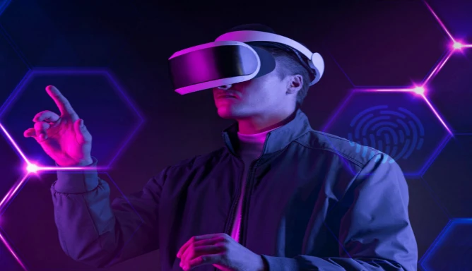 A man wearing smart glasses touches a virtual screen using futuristic technology in this digital remix.